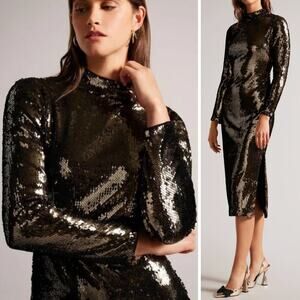 TED BAKER DRESS CHOCOLATE BROWN SEQUIN BROOKLYN TUBE LONG SLEEVE MIDI METALLIC